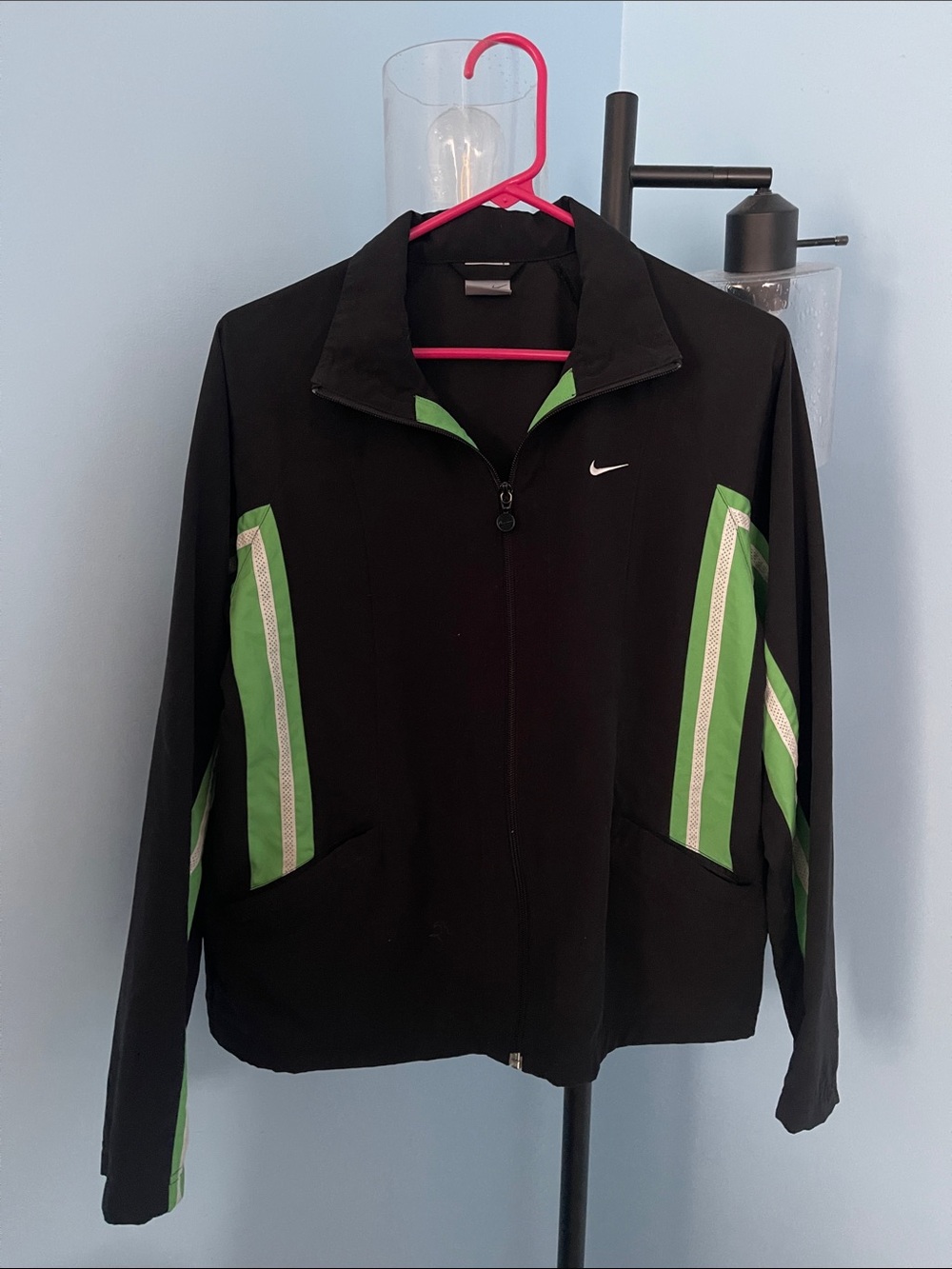 Nike Black Zip-Up Jacket with Green Accent Stripes